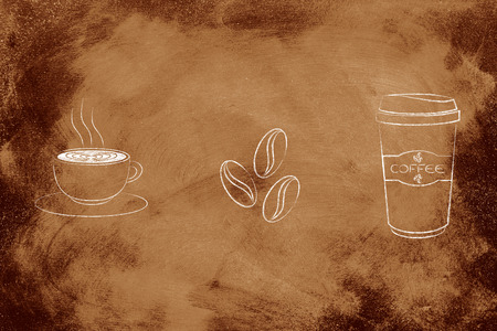 caffeine-related illustration: cup with latte art, coffe beans & tumblerの写真素材