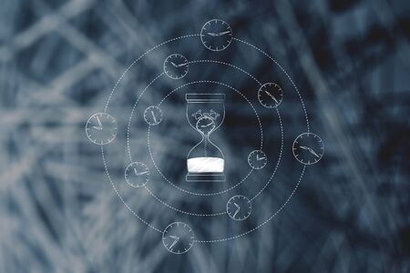 hourglass with melting alarm surrounded by spinning clocks, concept of time passing by fastの写真素材