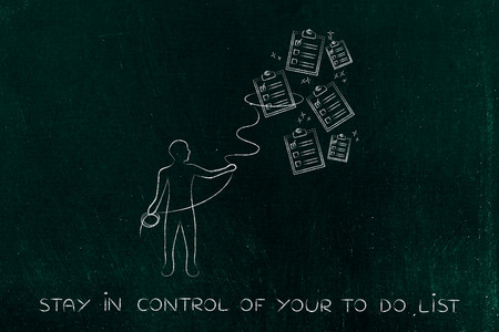 person with lasso catching falling to-do lists, concept of time and task managementの写真素材