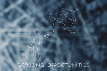 person with lasso catching the word Opportunites, concept of achieving dreams and goalsの写真素材