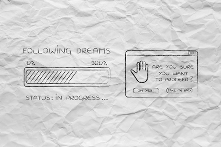 following dreams: illustration with text and progress bar with status loading next to pop-up message...