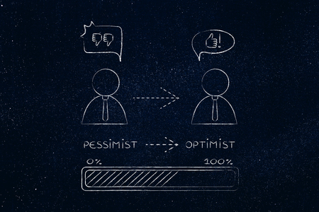 from pessimist to optimist: business man changing attitude with prograss bar loading (comic bubble version)の写真素材
