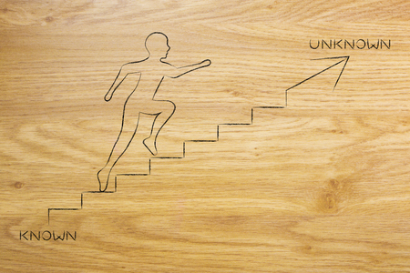 known or unknown: metaphor of man climbing stairs in the direction of the braver choice, with captionsの写真素材