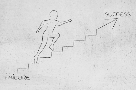failure to success: metaphor of man climbing stairs fast, with captionsの写真素材