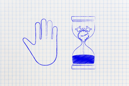 hourglass with melting clock and hand making a stop gesture, concept of being late or having a pauseの写真素材