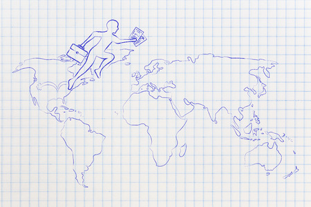 concept of establishing a company or invest abroad: business man jumpying across continents on map of the world (usa towards europe version)の写真素材