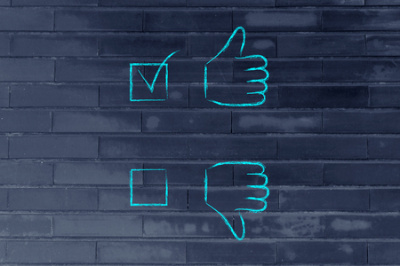 thumbs up and thumbs down tick the case illustration, with positive answer chosenの写真素材