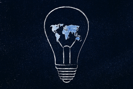 concept of solutions and ideas for an hyper-connected world: lightbulb with map of the globe made of wire instead of filamentの写真素材