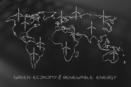 concept of renewable energy: map of the world with wind turbine all overの写真素材