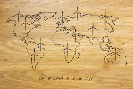 concept of renewable energy: map of the world with wind turbine all overの写真素材