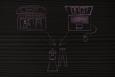concept of online shops vs physical store: illustration about buying the same new clothes through web order & delivery or visiting a brick and mortar placeの写真素材