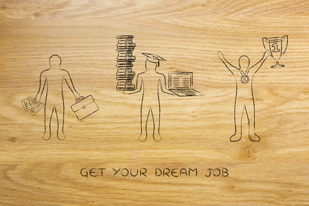 concept of choosing the best job for you: men working in different roles from businessman to teacher and sport championの写真素材