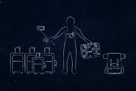 concept of exploring the world & airline luggage allowance: travel blogger or tourist surrounded by lots of bags and gearの写真素材