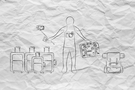 concept of exploring the world & airline luggage allowance: travel blogger or tourist surrounded by lots of bags and gearの写真素材