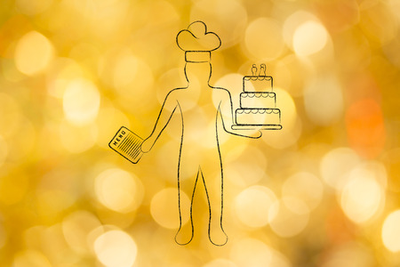 pastry chef holding a menu and customized wedding cake, concept of professional catering servicesの写真素材