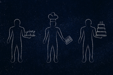 men working in the hospitality and catering sector: waiter, cook and pastry chefの写真素材