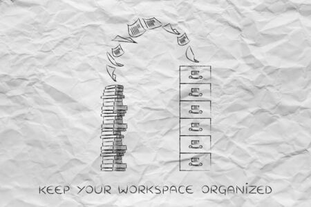 organize your workspace: archive with pile of documents flying into or out of itの写真素材