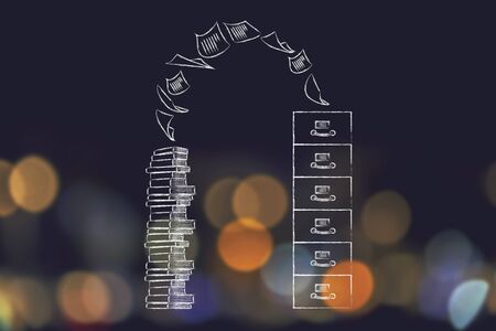 organize your workspace: archive with pile of documents flying into or out of it