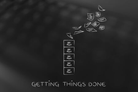 organize your office:  archive with documents flying into or out of itの写真素材