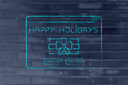 internet style pop-up message with Happy Holiday wishes and a wrapped present iconの写真素材