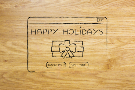 internet style pop-up message with Happy Holiday wishes and a wrapped present iconの写真素材