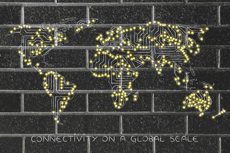 concept of global communications and connectivity: world map made of electronic microchip circuits and led lightsの写真素材