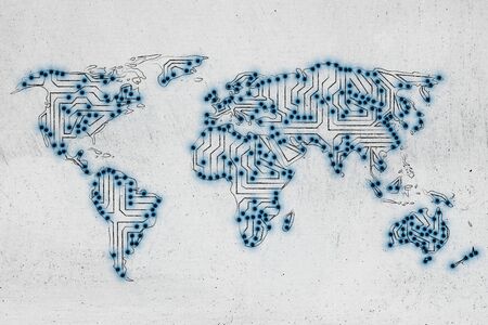 concept of global communications and connectivity: world map made of electronic microchip circuits and led lightsの写真素材