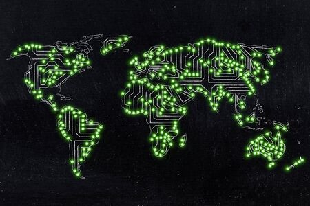 concept of global communications and connectivity: world map made of electronic microchip circuits and led lightsの写真素材