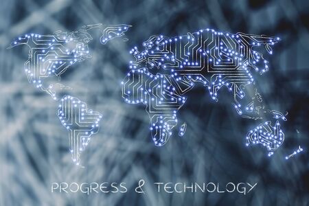 concept of global communications and connectivity: world map made of electronic microchip circuits...