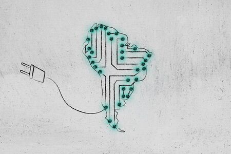 concept of global communications and connectivity: south america map made of electronic microchip...