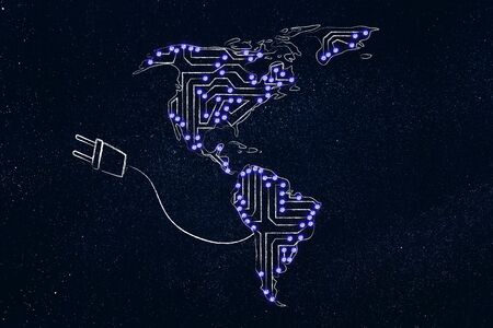 concept of global communications and connectivity: north and south america map made of electronic microchip circuits with plugの写真素材