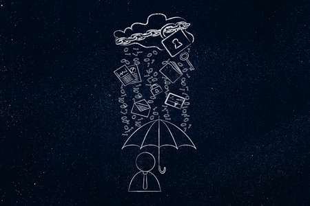 data breah protection concept: user with umbrella under a rain of binary code & files from digital cloud with lock and chainの写真素材