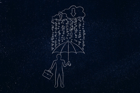 data breah protection during download & upload: business man with umbrella under a rain of binary code from digital cloudの写真素材