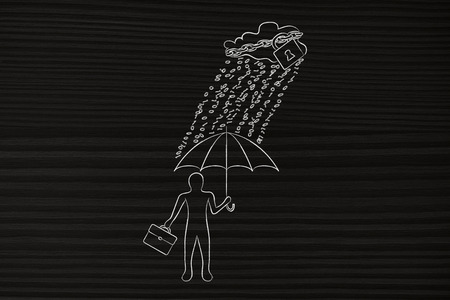 data breah protection concept: business man with umbrella under a rain of binary code from digital cloud with lock & chainの写真素材