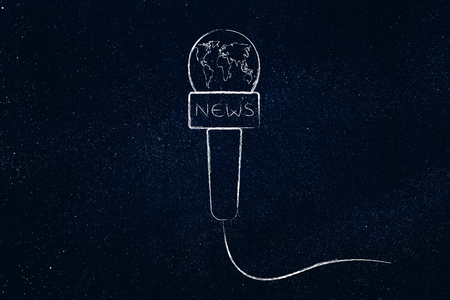 concept of international news live coverage: microphone with world map insideの写真素材