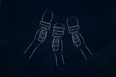 concept of international news live coverage: hands with reporters' microphonesの写真素材