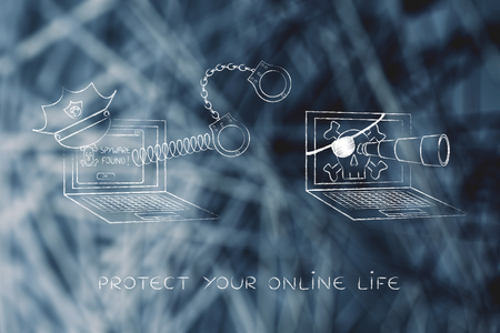 concept of preventing online piracy or cyber crime: laptop with police hat and handcuffs next to pirate computerの写真素材