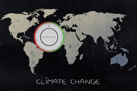 global warming & climate change concept: world map with thermostat showing temperatures risingの写真素材