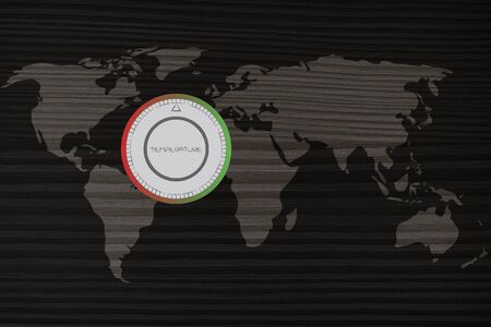 global warming & climate change concept: world map with thermostat showing temperatures rising