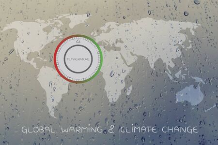 global warming & climate change concept: world map with thermostat showing temperatures risingの写真素材
