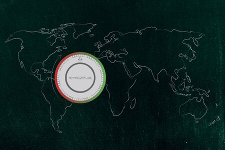 global warming & climate change concept: world map with thermostat showing temperatures risingの写真素材