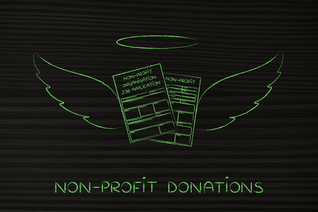 supporting or volunteering for a charity, conceptual: nonprofit organization enrollment or fundraising forms with angel wingsの写真素材
