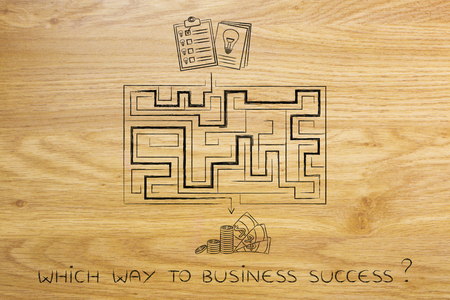 the road from having an innovative business idea to obtaining profits: maze between documents with lightbulbs and cashの写真素材