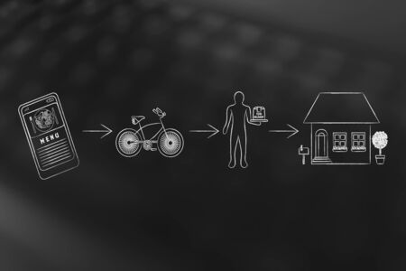 food delivery apps on smartphones: choosing on restaurant's menus and collecting the food outside your homeの写真素材