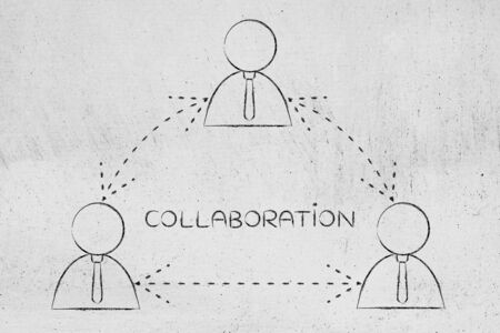 group of business men working as team or giving each other feedback