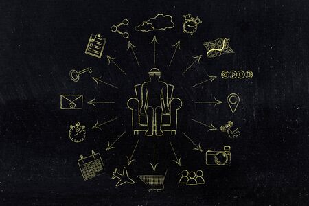 smart devices: augmented reality glasses user sitting on his armchair surrounded by apps and function icons (arrow version)の写真素材