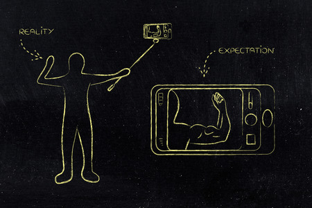 social meda and self image: person taking a selfie where he looks better than in realityの写真素材