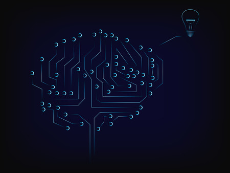 vector of electronic circuit brain elaborating an idea (lightbulb), with mesh backgroundのイラスト素材