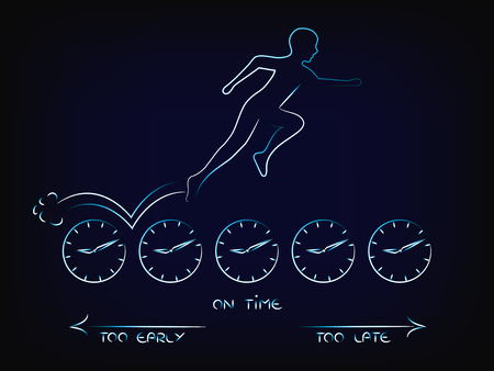 vector about time management: person running on clocks being on time (mesh background)のイラスト素材