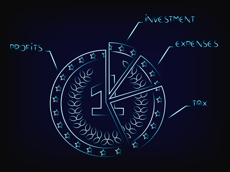 vector coin split into slices with budget elements: profit, investments, expenses, tax (mesh background)のイラスト素材